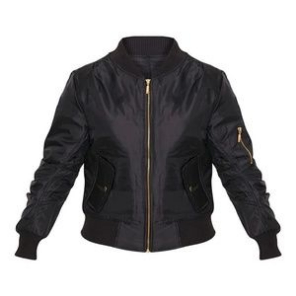 Pretty Little Things Black Satiny Bomber jacket w/gold Zips sz Small NWOT
